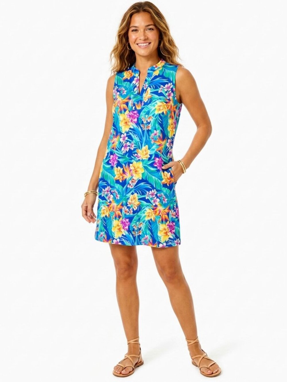Caribbean Joe Tropical Floral Shift Dress Sleeveless Stretch Resort Beach V-Neck